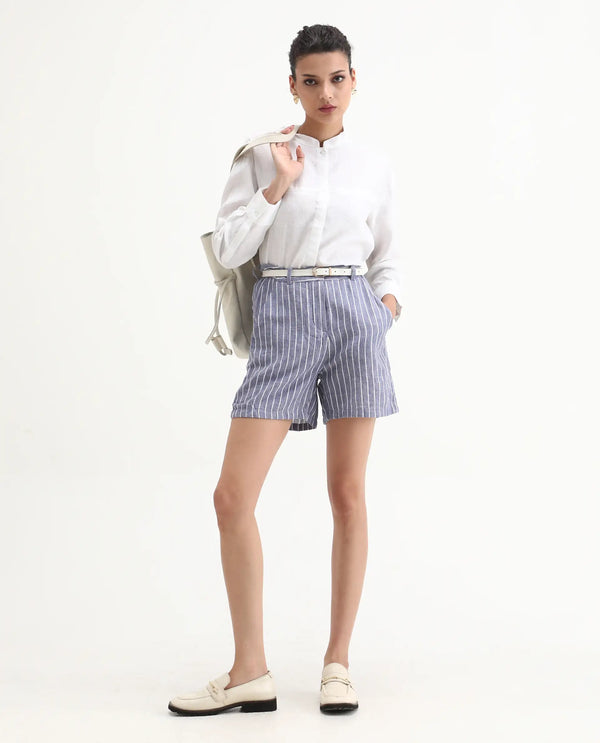 Rareism Women Liya Blue Cotton Linen Fabric Regular Fit Striped High Rise Shorts