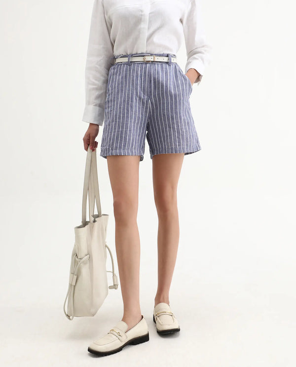 Rareism Women Liya Blue Cotton Linen Fabric Regular Fit Striped High Rise Shorts