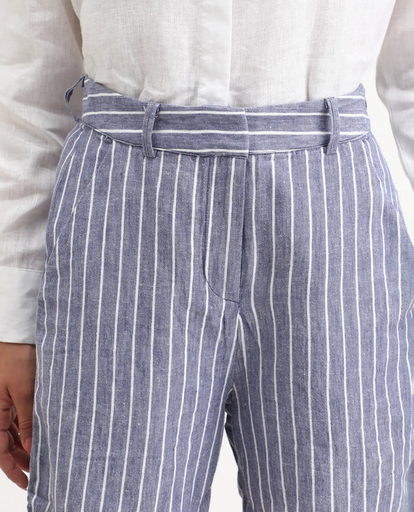 Rareism Women Liya Blue Cotton Linen Fabric Regular Fit Striped High Rise Shorts