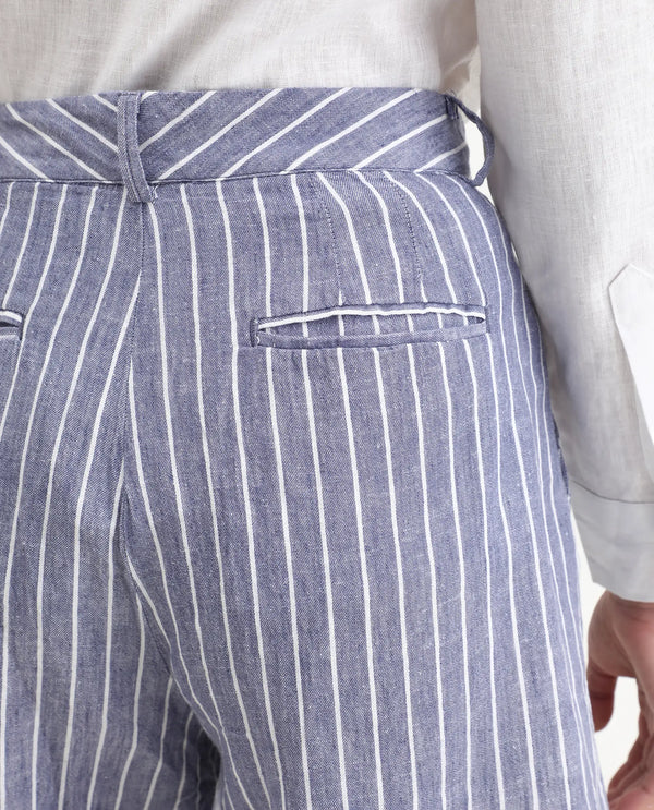 Rareism Women Liya Blue Cotton Linen Fabric Regular Fit Striped High Rise Shorts