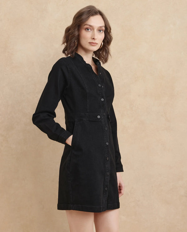 Rareism Women's Lizmi Black Cotton Blend Fabric High Neck Button Closure Cuffed Sleeve Plain  Mini Dress