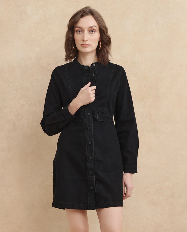 Rareism Women's Lizmi Black Cotton Blend Fabric High Neck Button Closure Cuffed Sleeve Plain  Mini Dress
