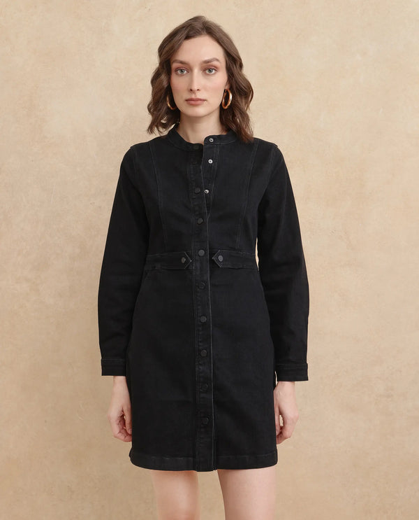 Rareism Women's Lizmi Black Cotton Blend Fabric High Neck Button Closure Cuffed Sleeve Plain  Mini Dress