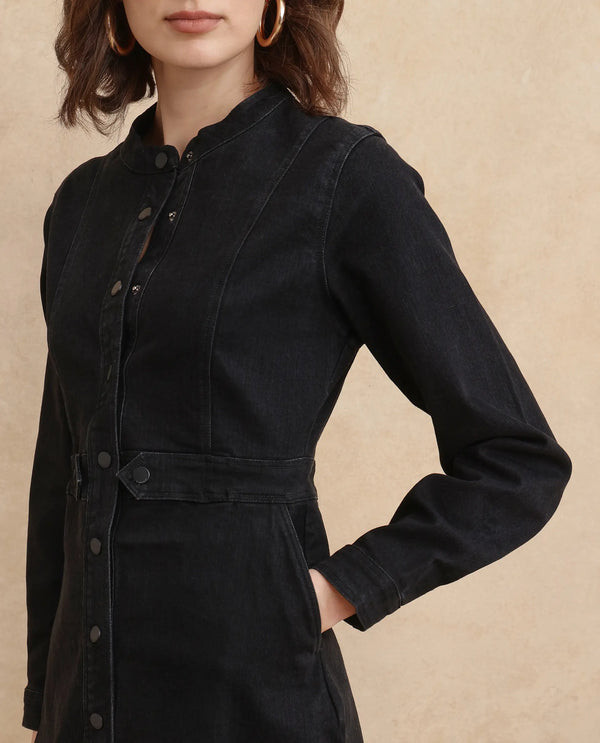 Rareism Women's Lizmi Black Cotton Blend Fabric High Neck Button Closure Cuffed Sleeve Plain  Mini Dress