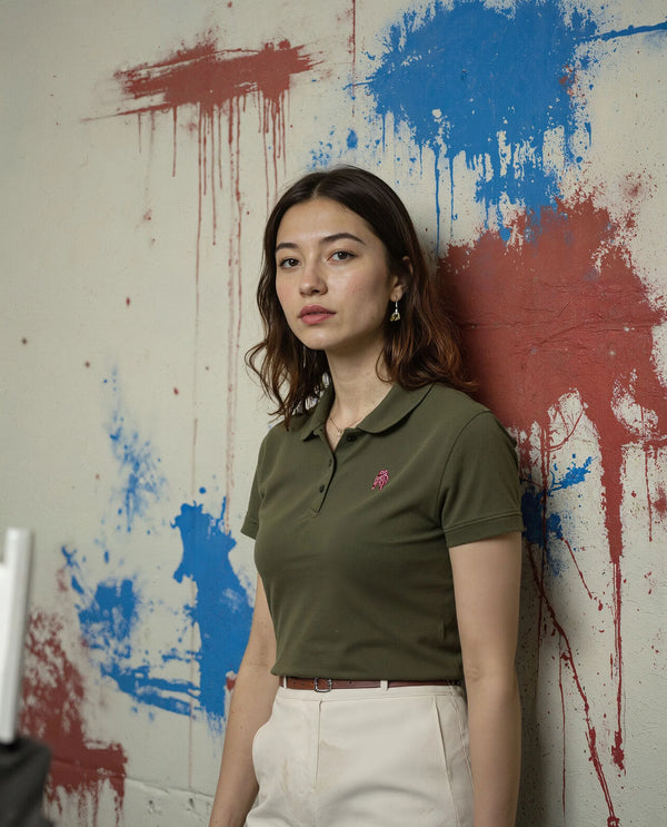 Rareism Women Logan Dark Olive Cotton Lycra Fabric Short Sleeve Polo Collar Button Closure Plain Polo