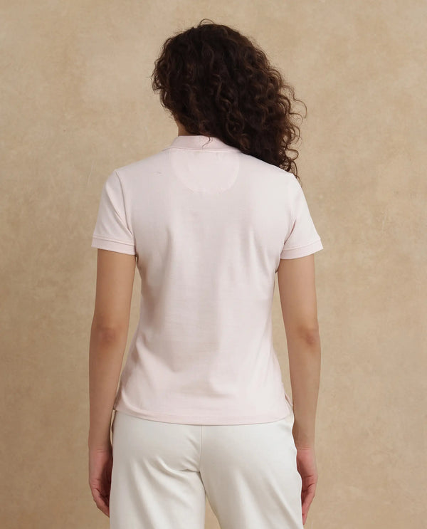 Rareism Women Logan Light Pink Cotton Lycra Fabric Short Sleeve Polo Collar Button Closure Plain Polo