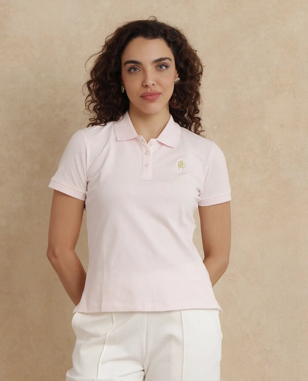 Rareism Women Logan Light Pink Cotton Lycra Fabric Short Sleeve Polo Collar Button Closure Plain Polo