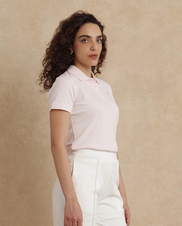 Rareism Women Logan Light Pink Cotton Lycra Fabric Short Sleeve Polo Collar Button Closure Plain Polo
