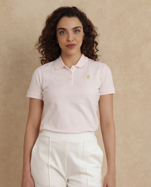 Rareism Women Logan Light Pink Cotton Lycra Fabric Short Sleeve Polo Collar Button Closure Plain Polo