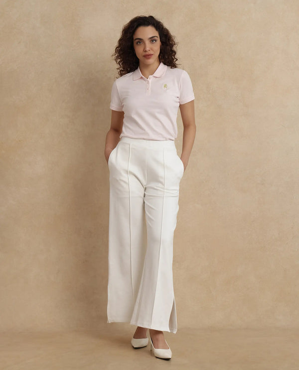 Rareism Women Logan Light Pink Cotton Lycra Fabric Short Sleeve Polo Collar Button Closure Plain Polo