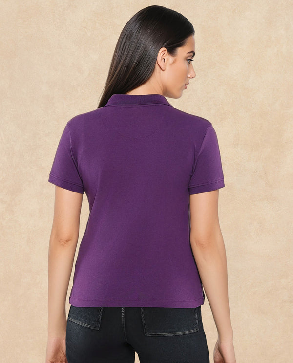 Rareism Women Logan Purple Cotton Lycra Fabric Short Sleeve Polo Collar Button Closure Plain Polo