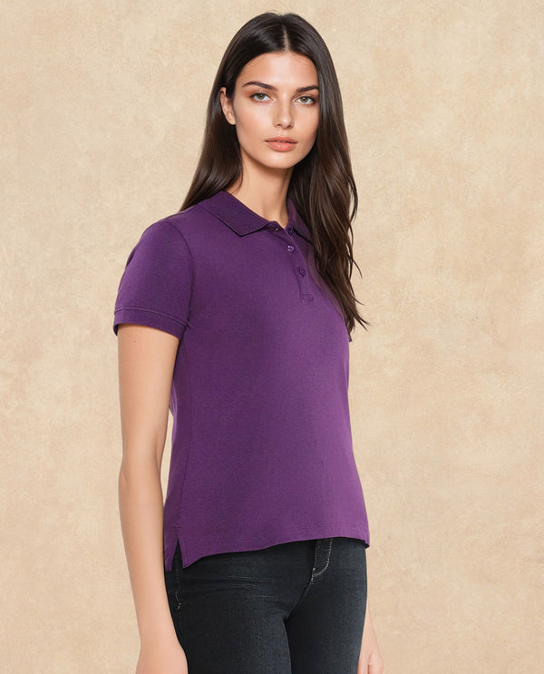 Rareism Women Logan Purple Cotton Lycra Fabric Short Sleeve Polo Collar Button Closure Plain Polo