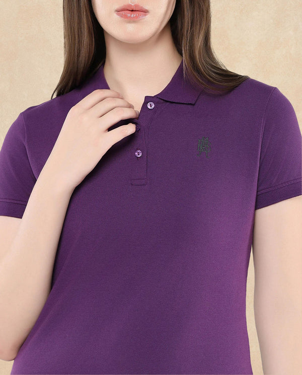 Rareism Women Logan Purple Cotton Lycra Fabric Short Sleeve Polo Collar Button Closure Plain Polo