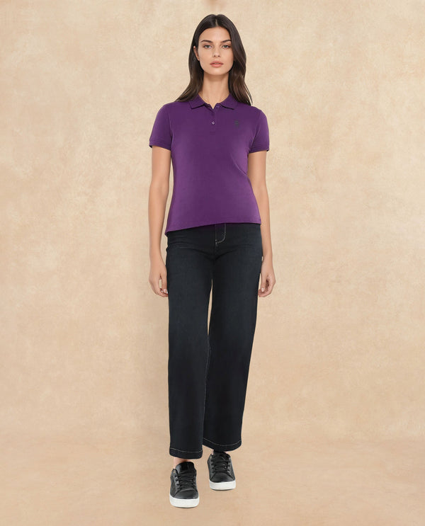 Rareism Women Logan Purple Cotton Lycra Fabric Short Sleeve Polo Collar Button Closure Plain Polo