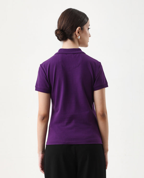 Rareism Women Logan Purple Cotton Lycra Fabric Short Sleeve Polo Collar Button Closure Plain Polo