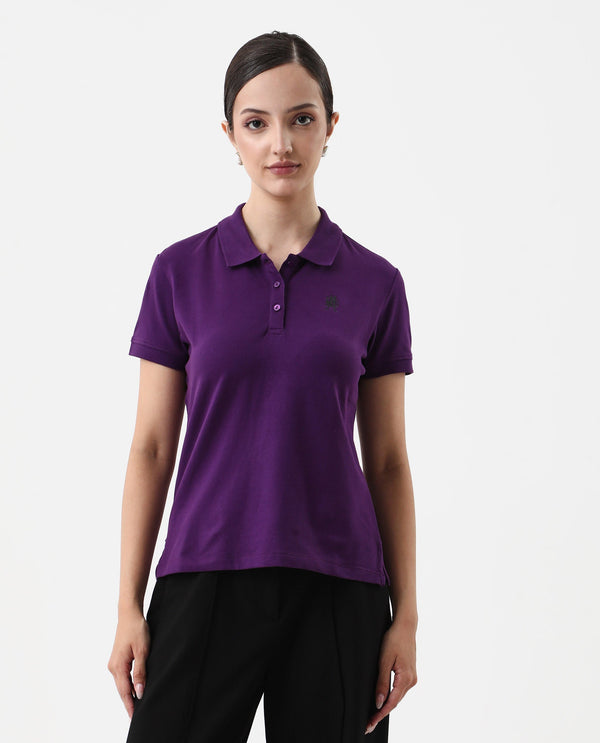 Rareism Women Logan Purple Cotton Lycra Fabric Short Sleeve Polo Collar Button Closure Plain Polo