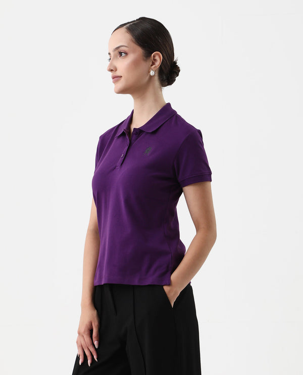 Rareism Women Logan Purple Cotton Lycra Fabric Short Sleeve Polo Collar Button Closure Plain Polo