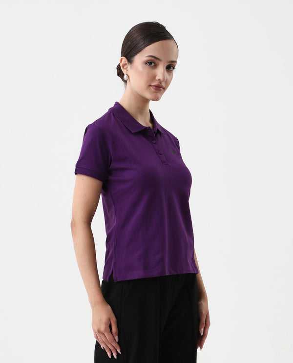 Rareism Women Logan Purple Cotton Lycra Fabric Short Sleeve Polo Collar Button Closure Plain Polo