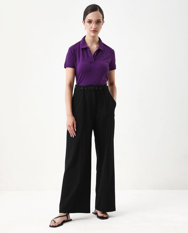 Rareism Women Logan Purple Cotton Lycra Fabric Short Sleeve Polo Collar Button Closure Plain Polo