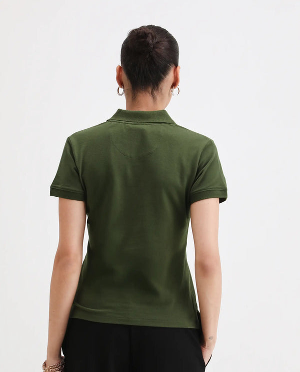 Rareism Women Logan Dark Olive Cotton Lycra Fabric Short Sleeve Polo Collar Button Closure Plain Polo