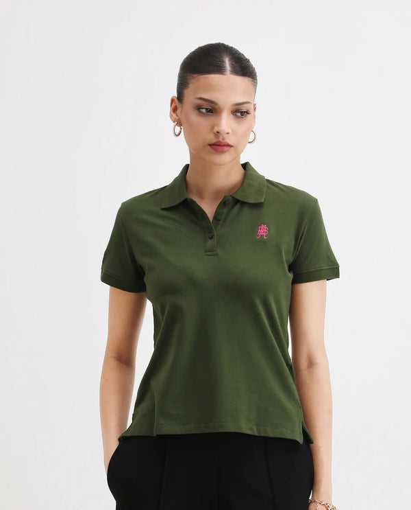 Rareism Women Logan Dark Olive Cotton Lycra Fabric Short Sleeve Polo Collar Button Closure Plain Polo