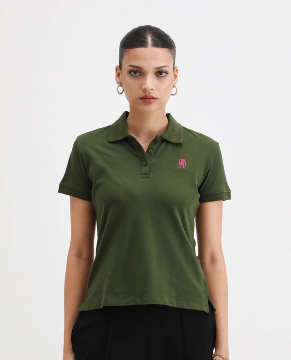 Rareism Women Logan Dark Olive Cotton Lycra Fabric Short Sleeve Polo Collar Button Closure Plain Polo