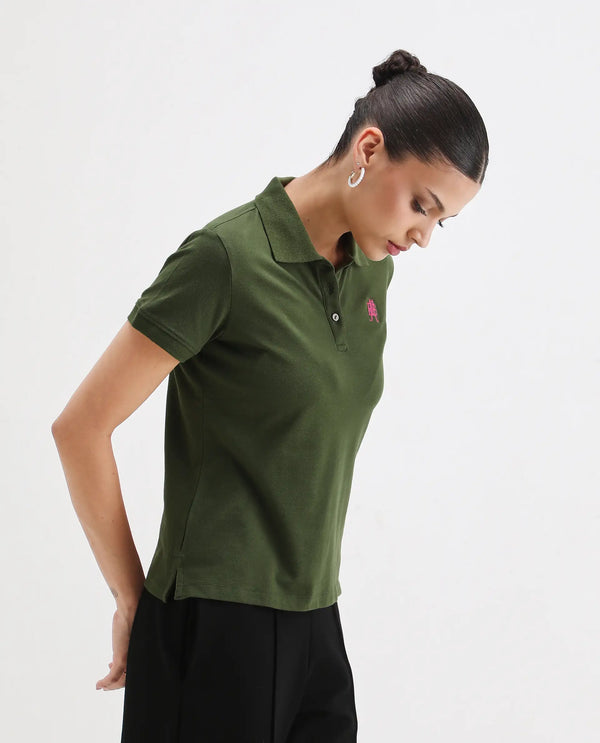 Rareism Women Logan Dark Olive Cotton Lycra Fabric Short Sleeve Polo Collar Button Closure Plain Polo