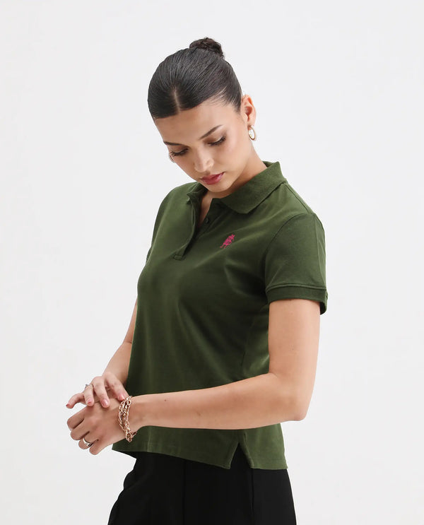 Rareism Women Logan Dark Olive Cotton Lycra Fabric Short Sleeve Polo Collar Button Closure Plain Polo