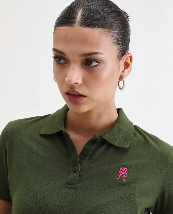 Rareism Women Logan Dark Olive Cotton Lycra Fabric Short Sleeve Polo Collar Button Closure Plain Polo