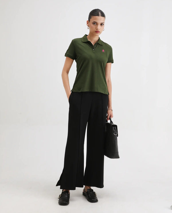 Rareism Women Logan Dark Olive Cotton Lycra Fabric Short Sleeve Polo Collar Button Closure Plain Polo