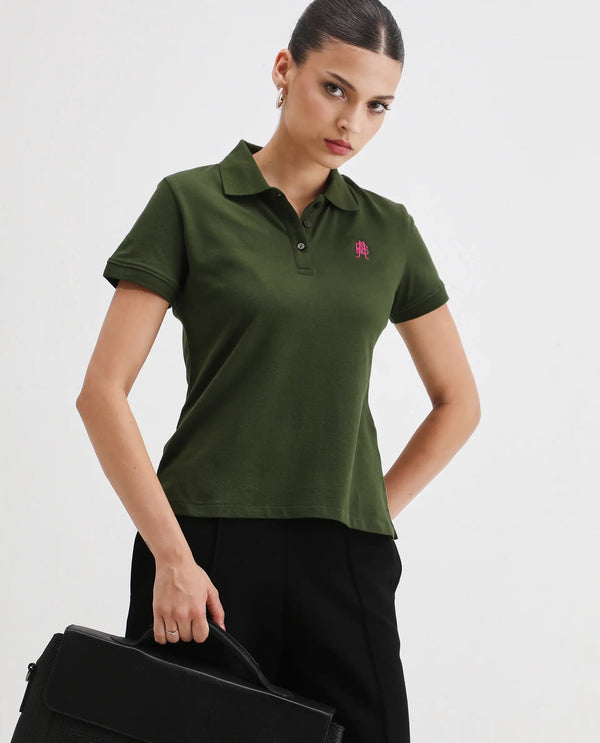 Rareism Women Logan Dark Olive Cotton Lycra Fabric Short Sleeve Polo Collar Button Closure Plain Polo