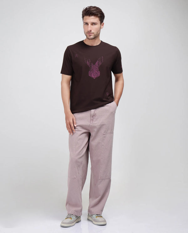 Rare Rabbit Men Log Brown Cotton Lycra Fabric Short Sleeve Crew Neck Logo Graphic Print T-Shirt