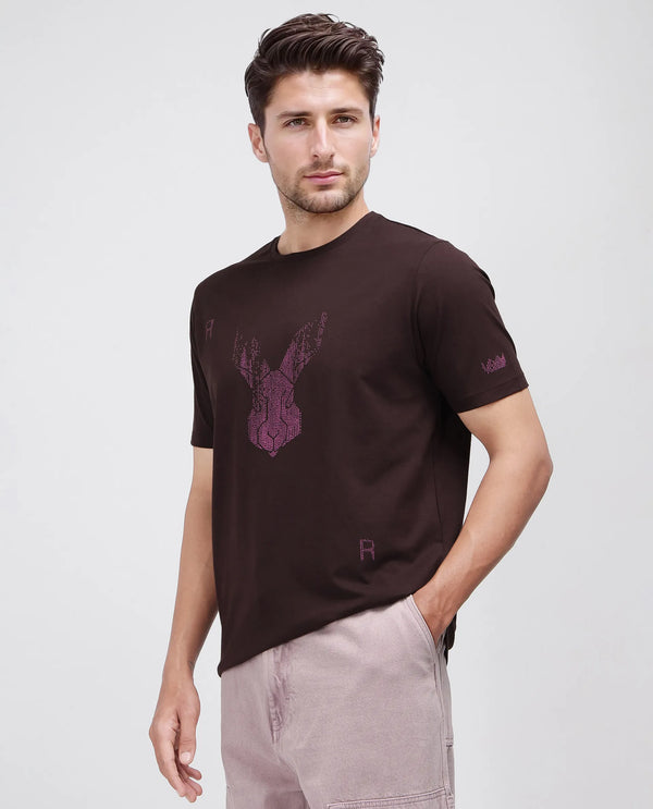 Rare Rabbit Men Log Brown Cotton Lycra Fabric Short Sleeve Crew Neck Logo Graphic Print T-Shirt