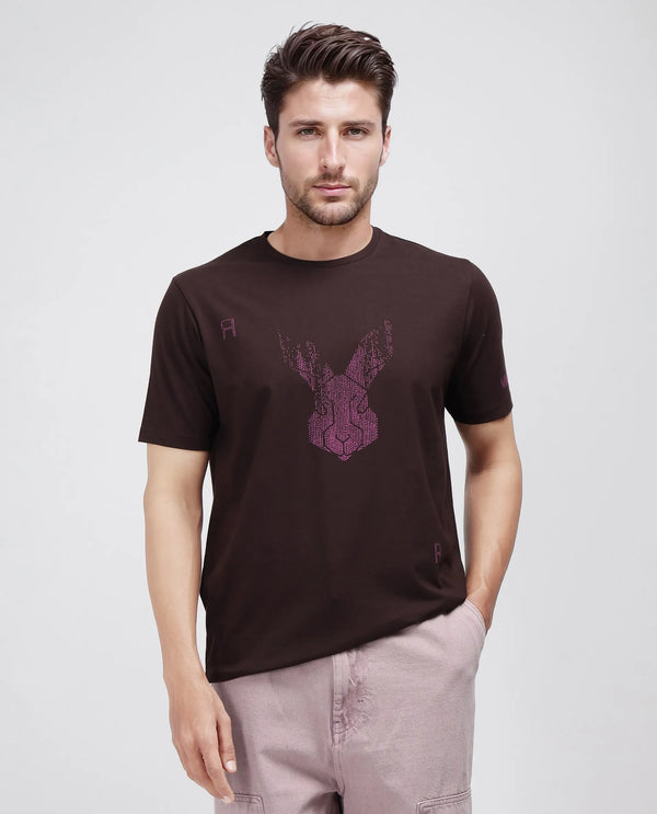 Rare Rabbit Men Log Brown Cotton Lycra Fabric Short Sleeve Crew Neck Logo Graphic Print T-Shirt