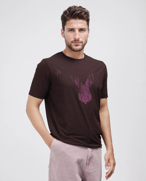 Rare Rabbit Men Log Brown Cotton Lycra Fabric Short Sleeve Crew Neck Logo Graphic Print T-Shirt