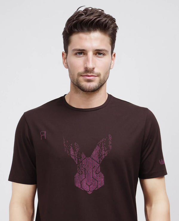 Rare Rabbit Men Log Brown Cotton Lycra Fabric Short Sleeve Crew Neck Logo Graphic Print T-Shirt