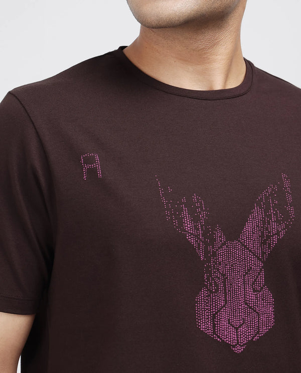 Rare Rabbit Men Log Brown Cotton Lycra Fabric Short Sleeve Crew Neck Logo Graphic Print T-Shirt