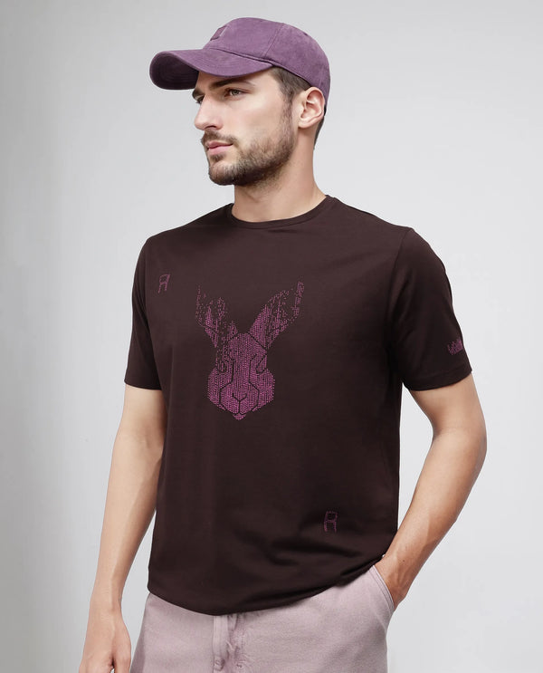 Rare Rabbit Men Log Brown Cotton Lycra Fabric Short Sleeve Crew Neck Logo Graphic Print T-Shirt