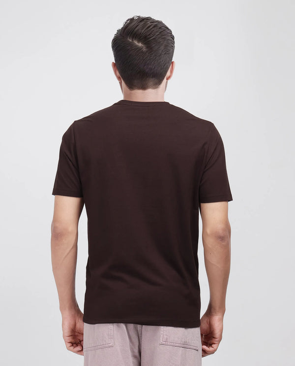 Rare Rabbit Men Log Brown Cotton Lycra Fabric Short Sleeve Crew Neck Logo Graphic Print T-Shirt