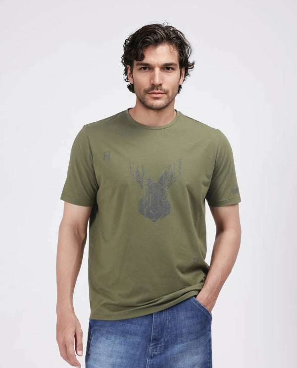 Rare Rabbit Men Log Green Cotton Lycra Fabric Short Sleeve Crew Neck Logo Graphic Print T-Shirt
