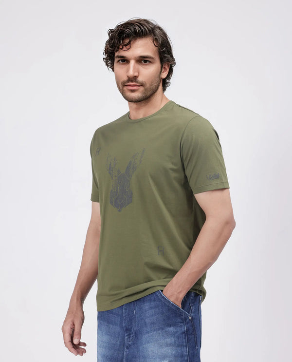 Rare Rabbit Men Log Green Cotton Lycra Fabric Short Sleeve Crew Neck Logo Graphic Print T-Shirt