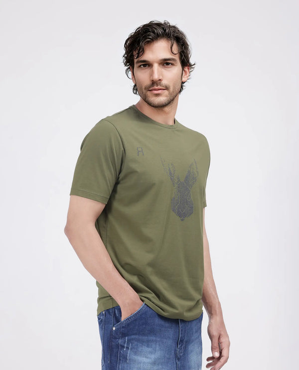 Rare Rabbit Men Log Green Cotton Lycra Fabric Short Sleeve Crew Neck Logo Graphic Print T-Shirt