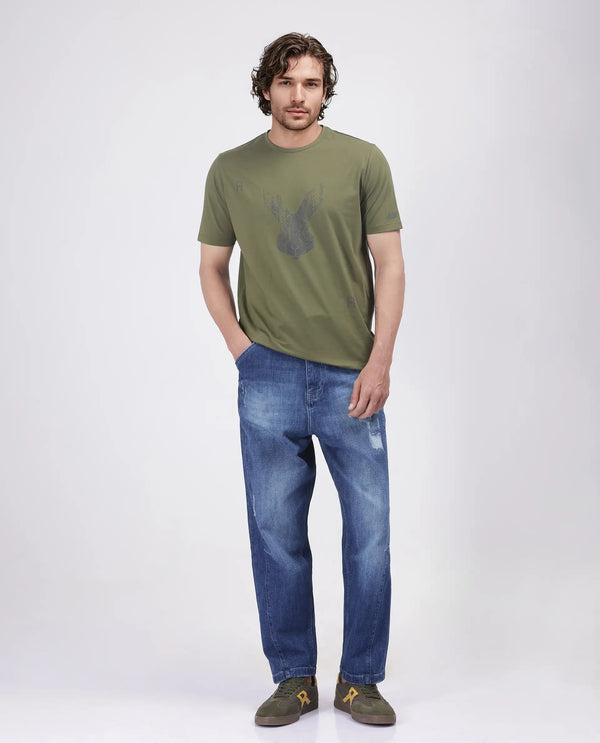 Rare Rabbit Men Log Green Cotton Lycra Fabric Short Sleeve Crew Neck Logo Graphic Print T-Shirt