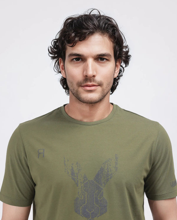 Rare Rabbit Men Log Green Cotton Lycra Fabric Short Sleeve Crew Neck Logo Graphic Print T-Shirt