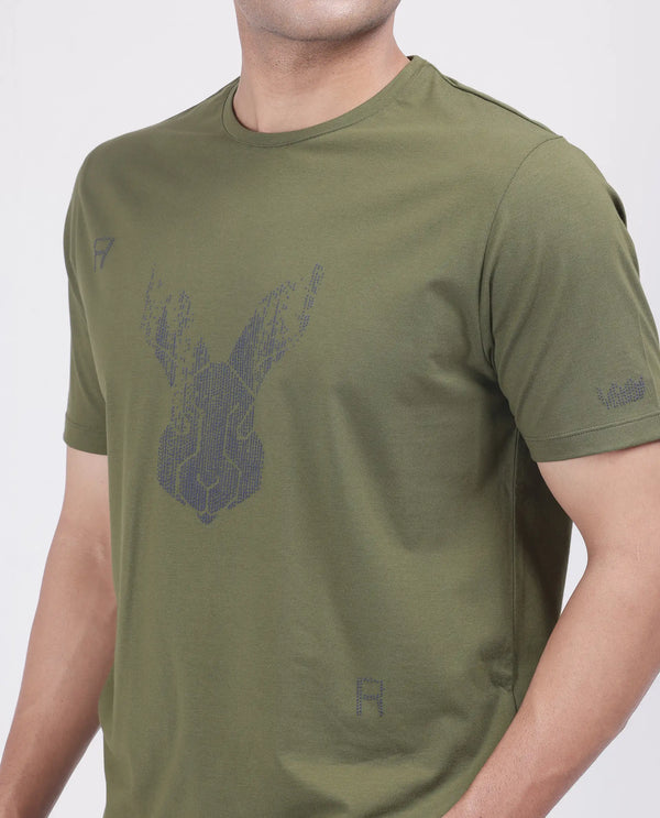 Rare Rabbit Men Log Green Cotton Lycra Fabric Short Sleeve Crew Neck Logo Graphic Print T-Shirt