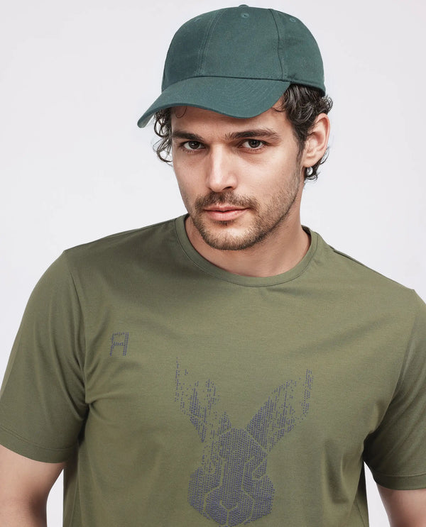 Rare Rabbit Men Log Green Cotton Lycra Fabric Short Sleeve Crew Neck Logo Graphic Print T-Shirt