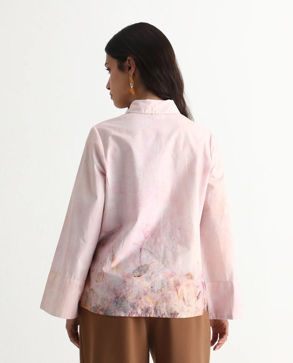 Rareism Women Loko Pink Bell Sleeves Collared Neck Button Closure Floral Print Top