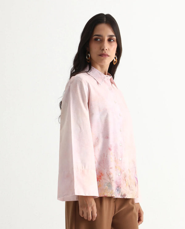 Rareism Women Loko Pink Bell Sleeves Collared Neck Button Closure Floral Print Top
