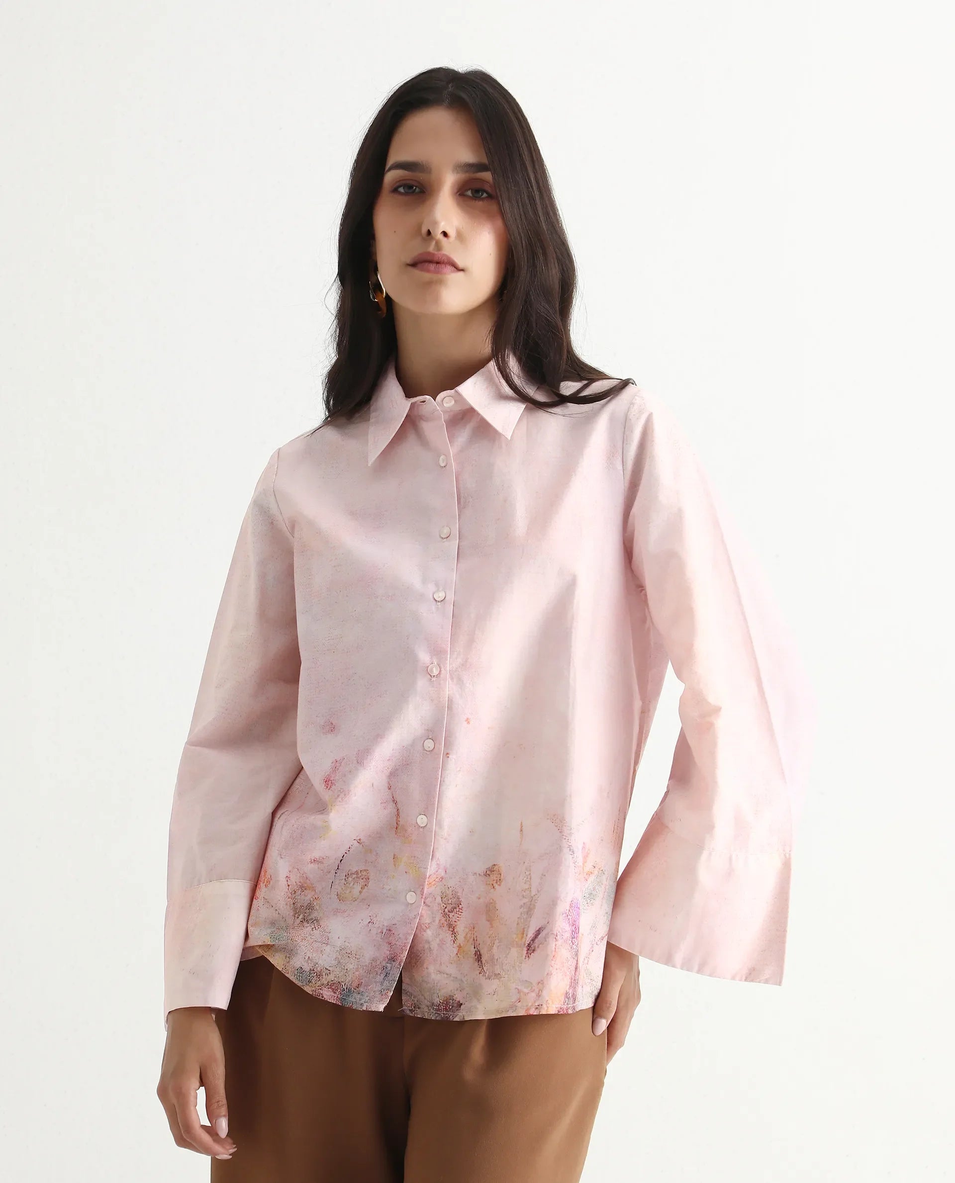 Rareism Women Loko Pink Bell Sleeves Collared Neck Button Closure Floral Print Top