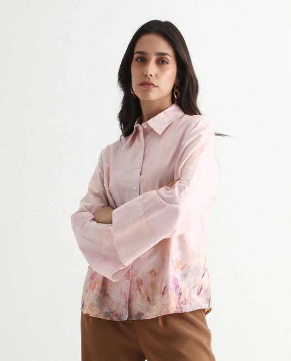 Rareism Women Loko Pink Bell Sleeves Collared Neck Button Closure Floral Print Top